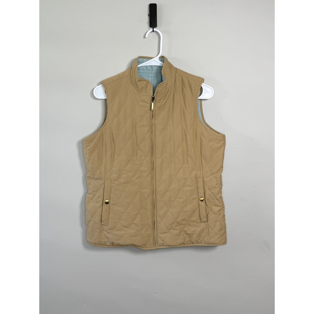 Lauren Ralph Lauren Quilted Vest Womens M Tan Blue Reversible Equestrian Layer